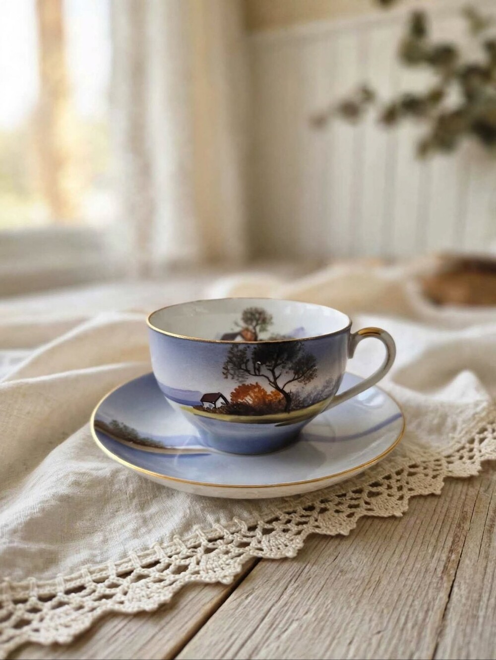 Vintage Noritake M Wreath Hand-Painted Scenic Teacup & Saucer Set